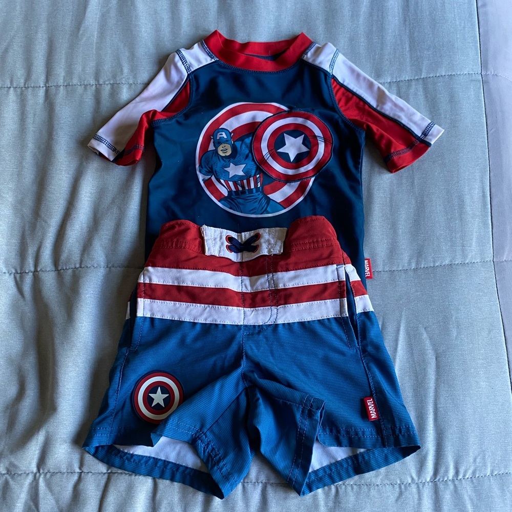Capitan America rash guard & swim trunk set 3T